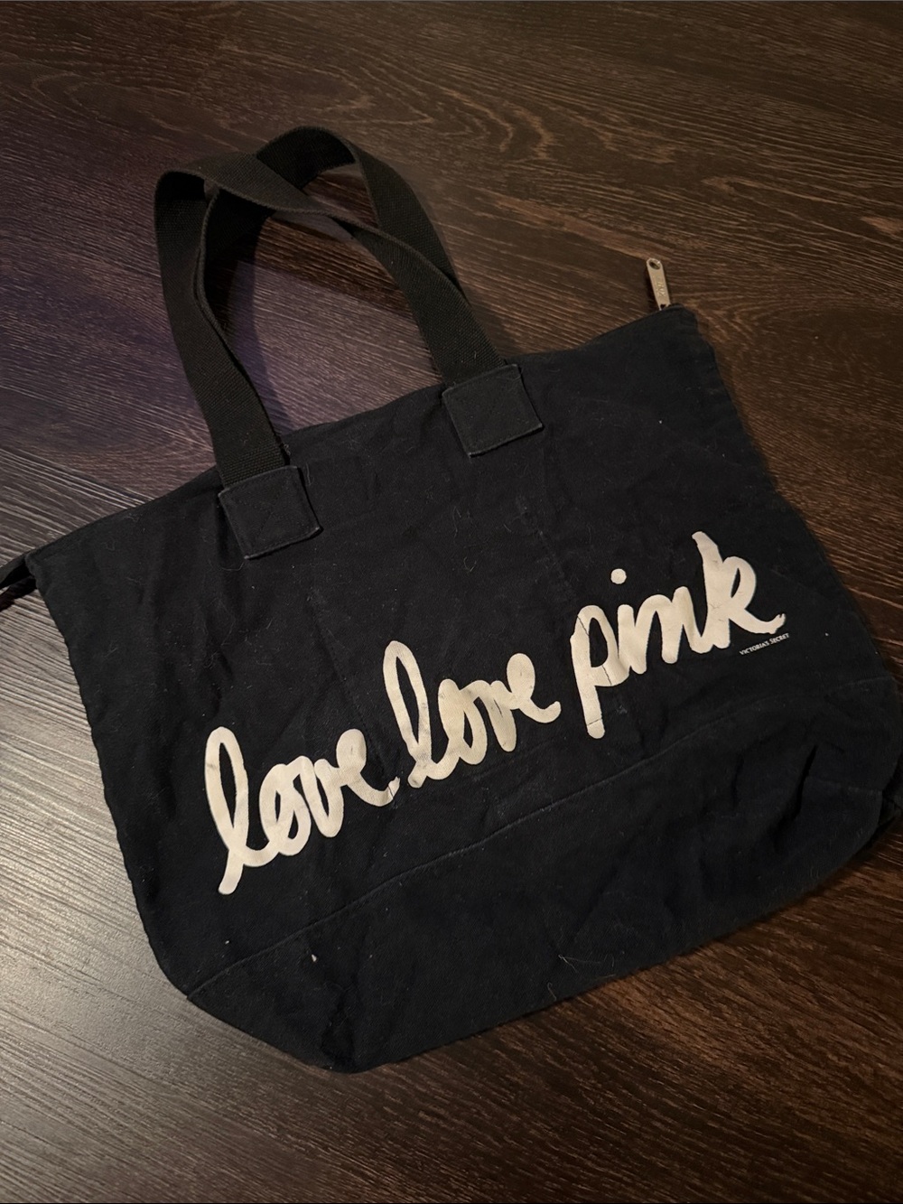 PINK Victoria's Secret Black Canvas Tote with White 'love love pink' Script